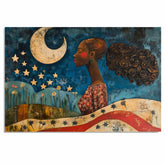 Powerful Woman Under Crescent Moon and Stars with Patriotic Motif, Folk Art Style 4th of July Scene Celebrating Strength, Nature, and Freedom on Ready to Hang 1.5" Thick Canvas Wrap, Floating Framed Canvas, Flat Rolled Canvas